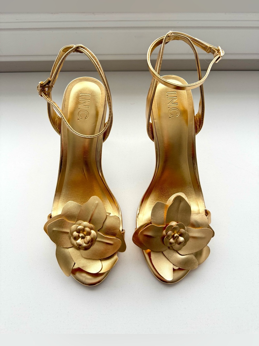 INC International Concepts Gold Floral Ankle-Strap Sandals NWT